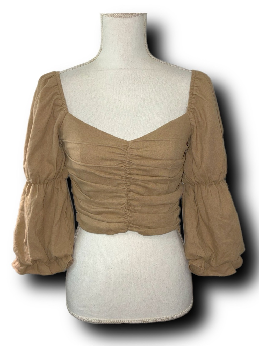 DO+BE Boho Ruched Front Bubble Sleeve Cropped Blouse Peasant Ren Faire Vibes